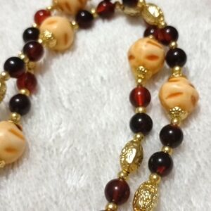 Vintage amber beads gold tone long necklace